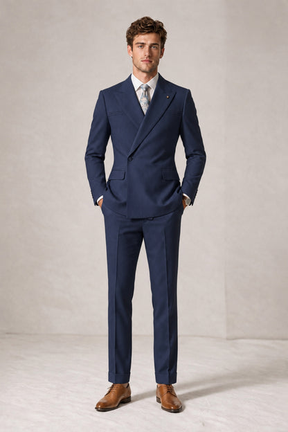 Savile Men's Navy Blue Double-Breasted Slim Fit 2-Piece Suit Set – Peak Lapel Blazer & Cuffed Trousers | Wedding Prom Formal - Navy Blue