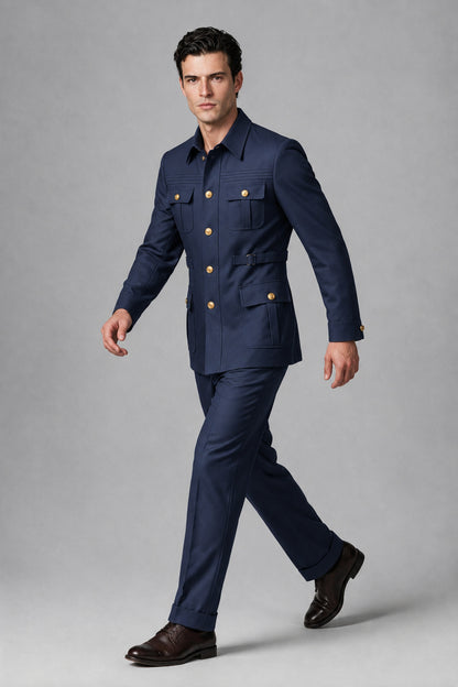Savile Navy Blue Safari Jacket & Trousers Two-Piece Men's Suit - Navy Blue