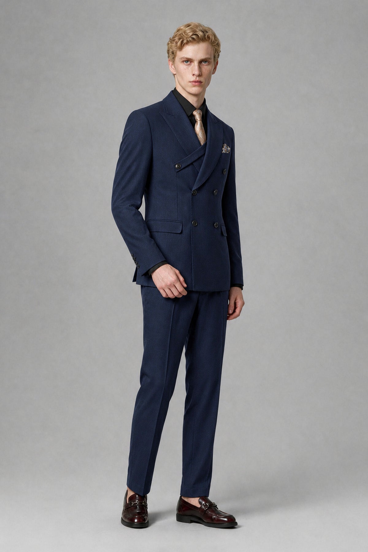 Savile Men's Navy Blue Double-Breasted Two-Piece Suit - Navy Blue