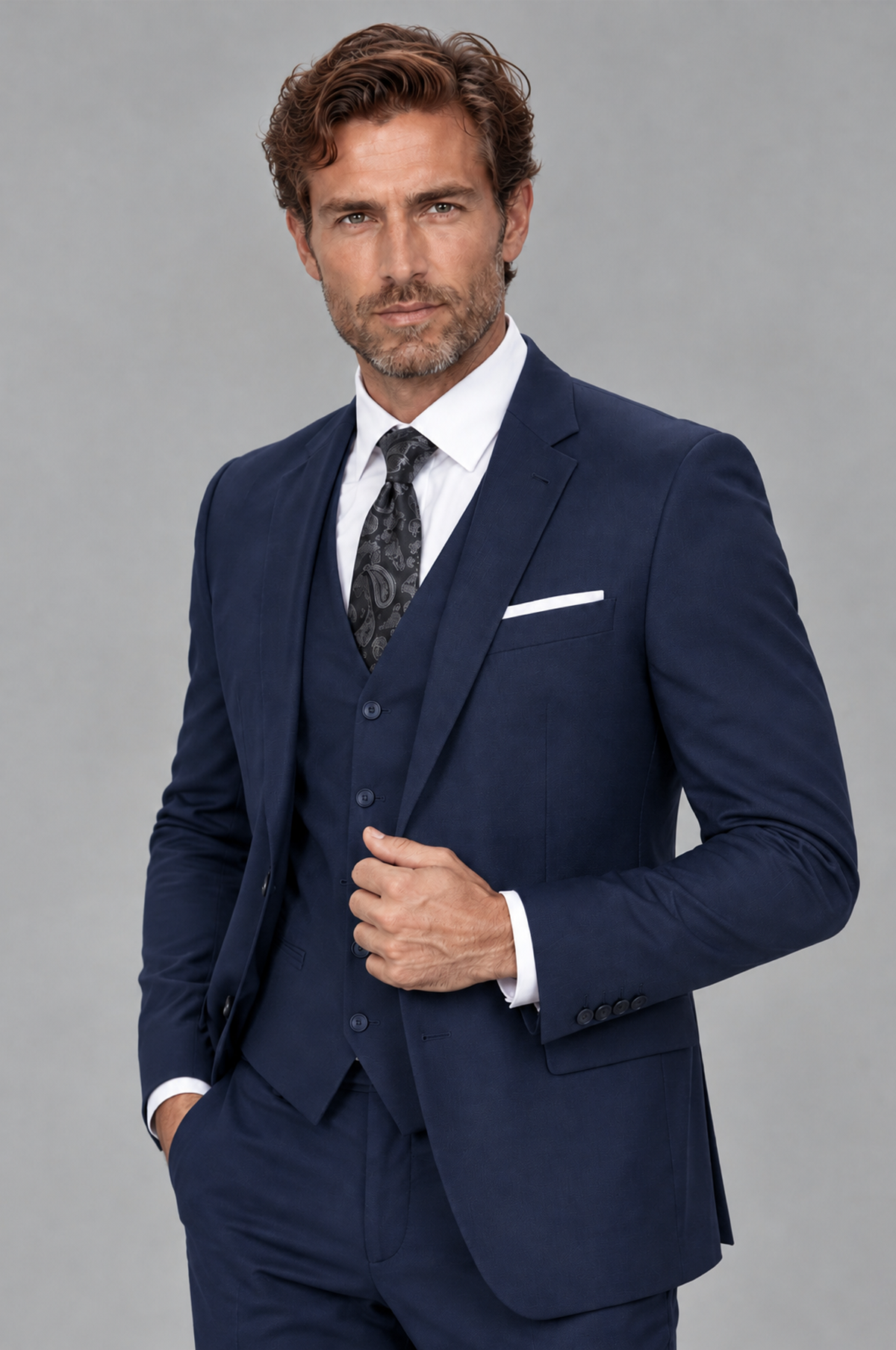 Savile Men's Navy Blue 3-Piece Suit Set – Notch Lapel Blazer, Vest & Trousers - Navy Blue - Navy_Blue_3