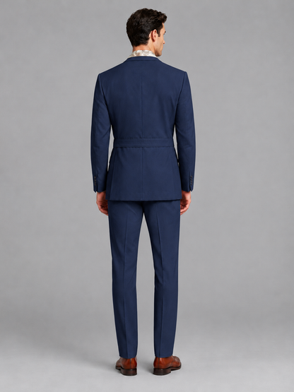 Savile Men's Navy Blue Belted Wrap 2-Piece Suit – Peak Lapel Blazer & Tailored Trousers - SUC060 - Navy Blue - Navy Blue_3