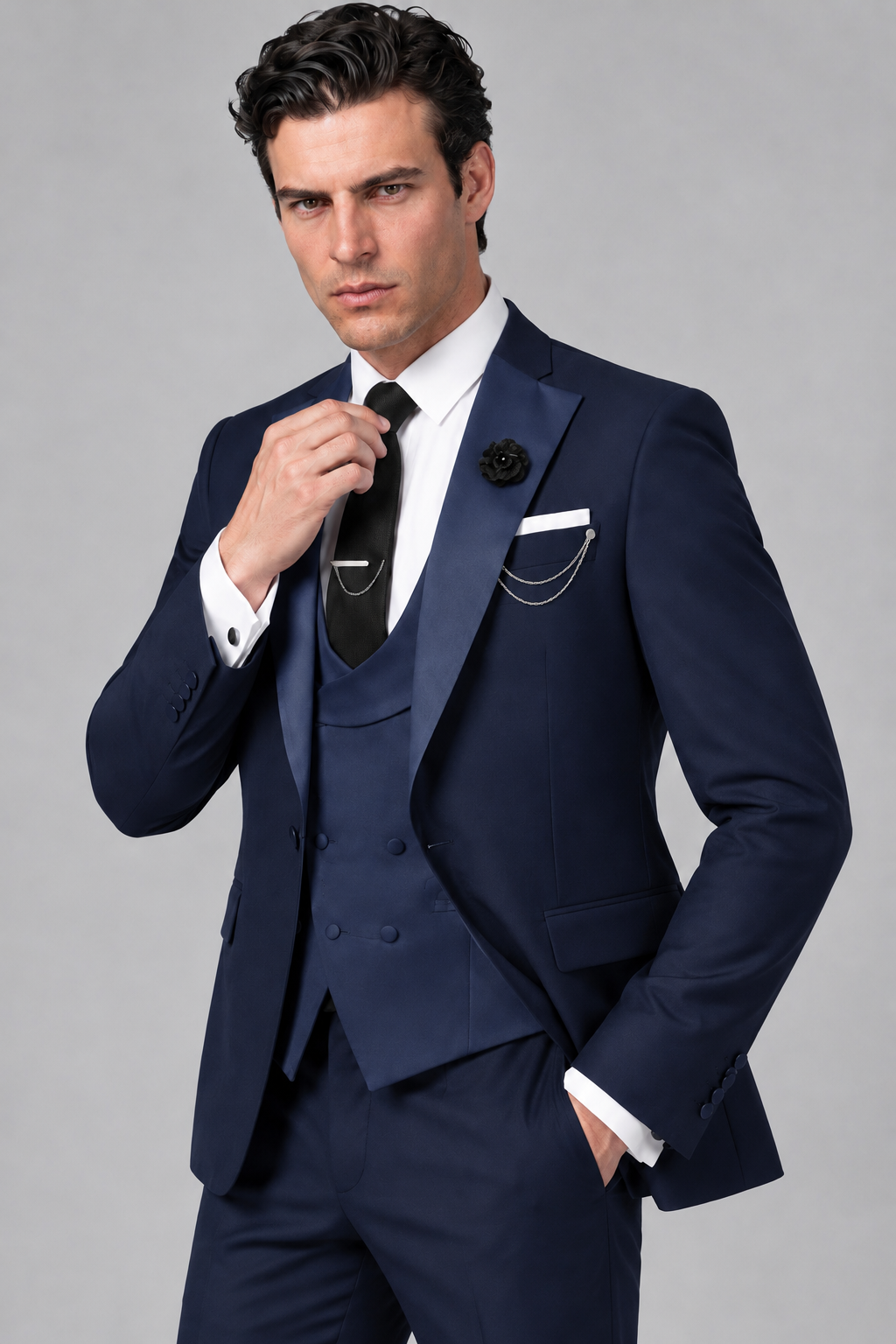 Savile Men's Navy Blue 3-Piece Tuxedo Suit – Contrast Silver Peak Lapel & Grey Vest Formal Set - Navy Blue - Navy Blue_3