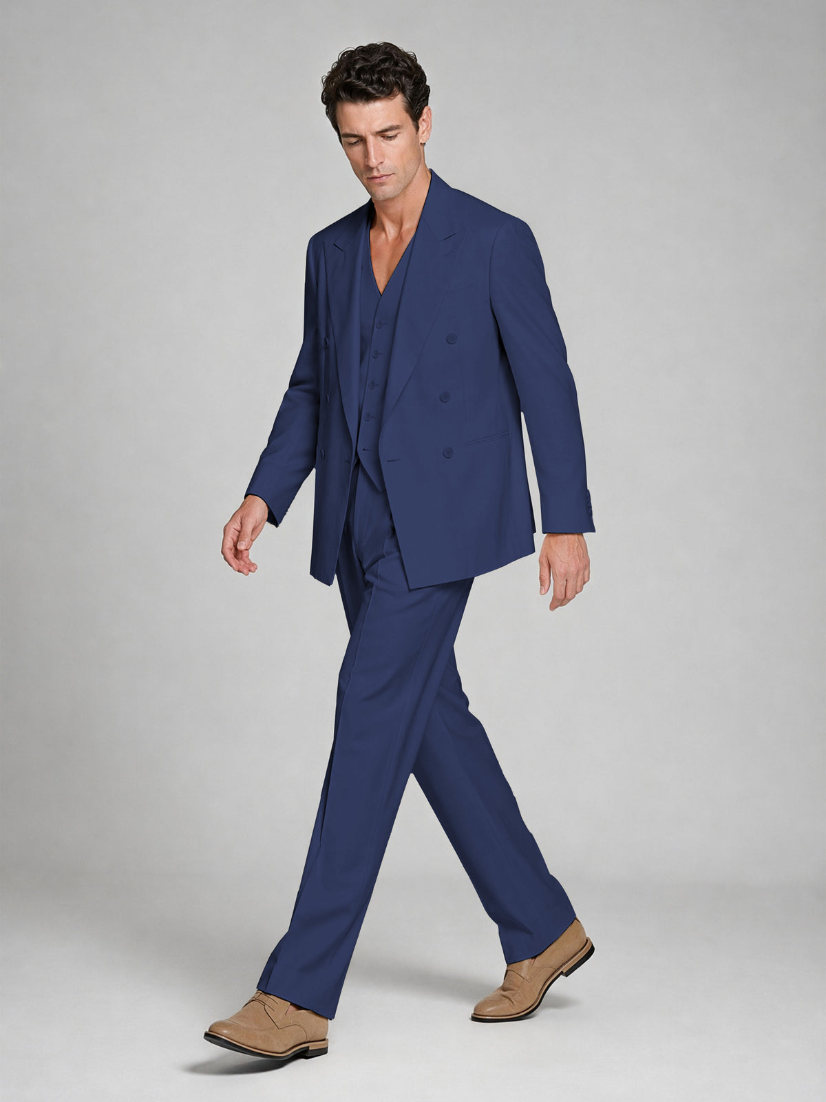 Men's Navy Blue Double-Breasted 2-Piece Suit – Peak Lapel Wedding & Beach Formal Set with Vest - Navy Blue