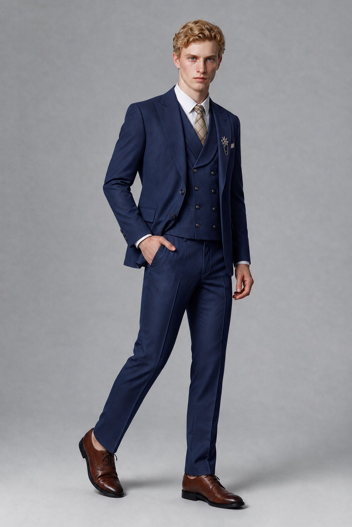 Savile Men's Navy Blue Three-Piece Wedding Suit with Double-Breasted Waistcoat - Navy Blue