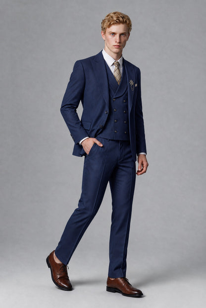 Savile Men's Navy Blue Three-Piece Wedding Suit with Double-Breasted Waistcoat - Navy Blue