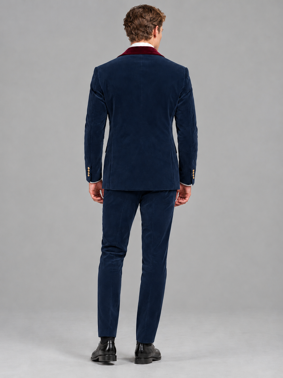 Savile Men's Navy Blue Velvet Double-Breasted 2-Piece Tuxedo Suit with Burgundy Peak Lapel - Navy_Blue