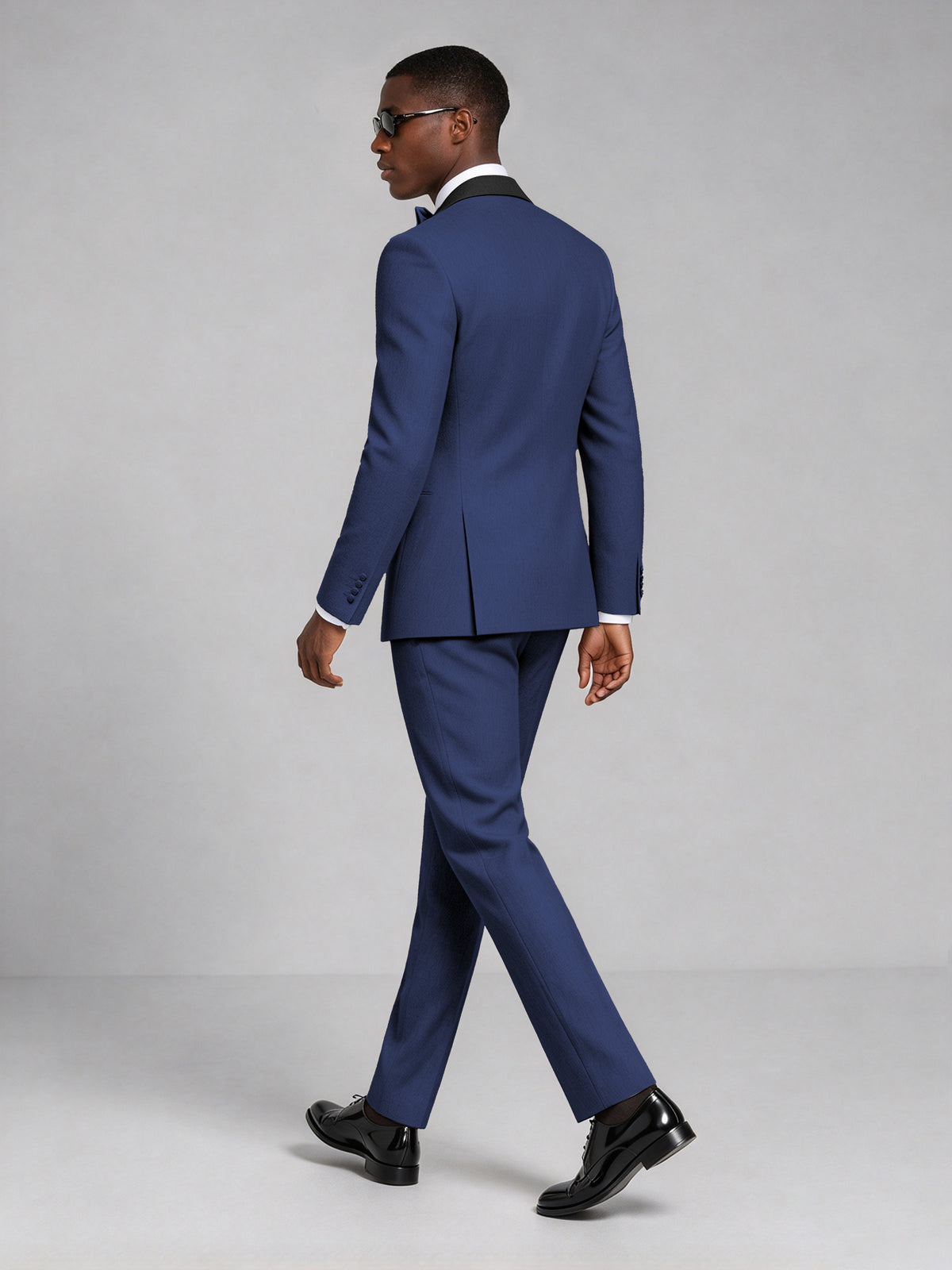 Men's Navy Blue Double-Breasted Tuxedo Suit – Satin Shawl Lapel Navy Blue-Tie Wedding & Gala 2-Piece Set - Navy Blue