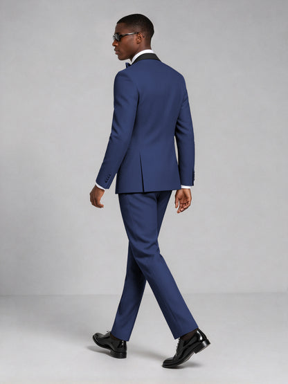 Men's Navy Blue Double-Breasted Tuxedo Suit – Satin Shawl Lapel Navy Blue-Tie Wedding & Gala 2-Piece Set - Navy Blue