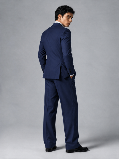 Savile Men's Navy Blue Double-Breasted 2-Piece Suit Set – Peak Lapel Blazer & Pleated Wide-Leg Trousers - Navy Blue - Navy Blue_3