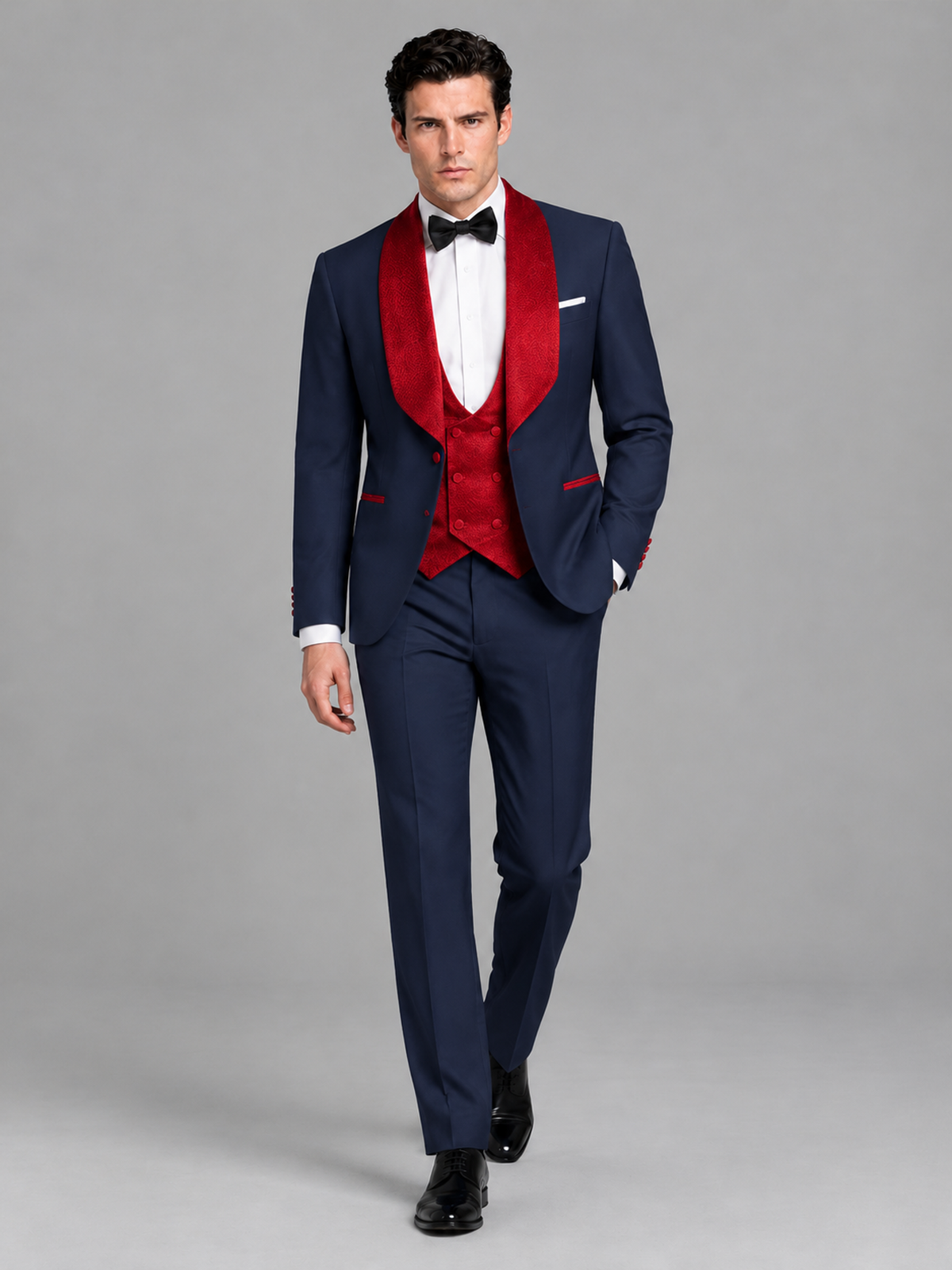Savile Men's Navy Blue 3-Piece Tuxedo Suit Set – Contrast Red Shawl Lapel Blazer, Red Waistcoat & Trousers - SUC020 - Navy_Blue
