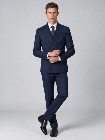 Savile Men's Navy Blue Wrap Shawl Lapel 2-Piece Suit Set – Modern Jacket & Trousers - Navy Blue - Navy Blue_4