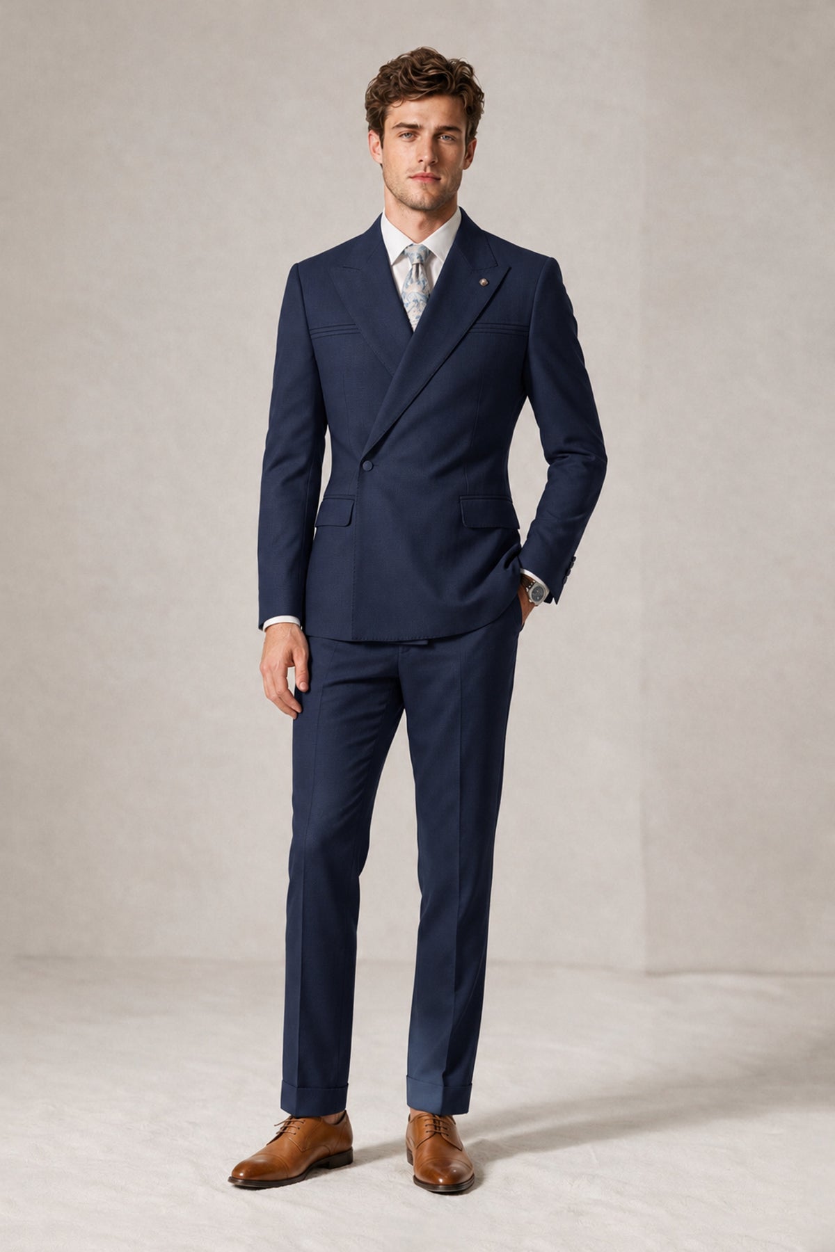 Savile Men's Navy Blue Double-Breasted Slim Fit 2-Piece Suit Set – Peak Lapel Blazer & Cuffed Trousers | Wedding Prom Formal - Navy Blue