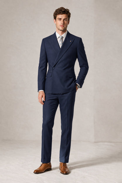 Savile Men's Navy Blue Double-Breasted Slim Fit 2-Piece Suit Set – Peak Lapel Blazer & Cuffed Trousers | Wedding Prom Formal - Navy Blue