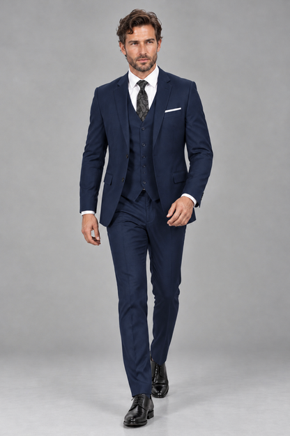 Savile Men's Navy Blue 3-Piece Suit Set – Notch Lapel Blazer, Vest & Trousers - Navy Blue - Navy_Blue_4