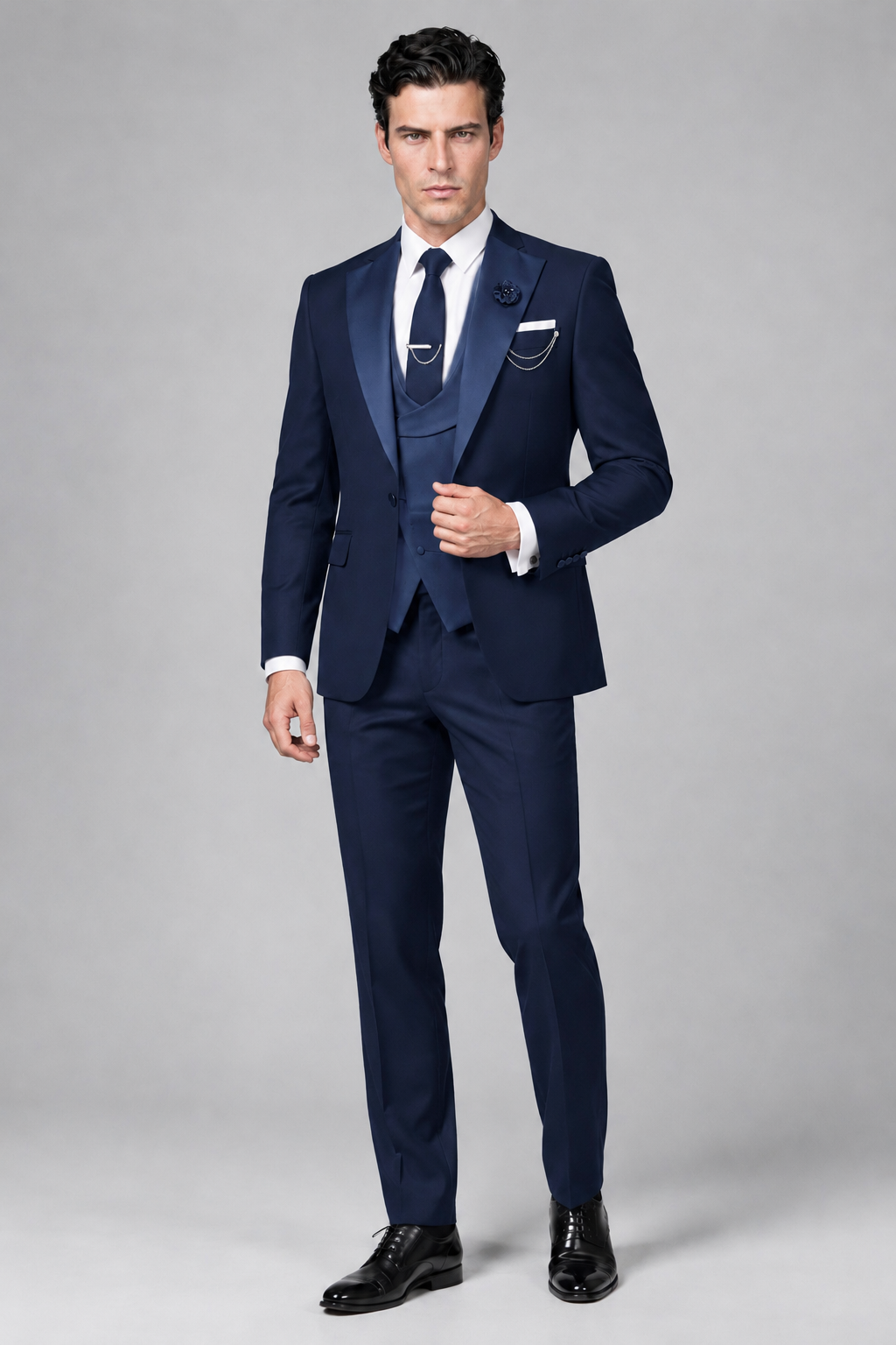 Savile Men's Navy Blue 3-Piece Tuxedo Suit – Contrast Silver Peak Lapel & Grey Vest Formal Set - Navy Blue - Navy Blue_4