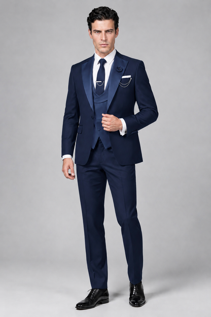 Savile Men's Navy Blue 3-Piece Tuxedo Suit – Contrast Silver Peak Lapel & Grey Vest Formal Set - Navy Blue - Navy Blue_4