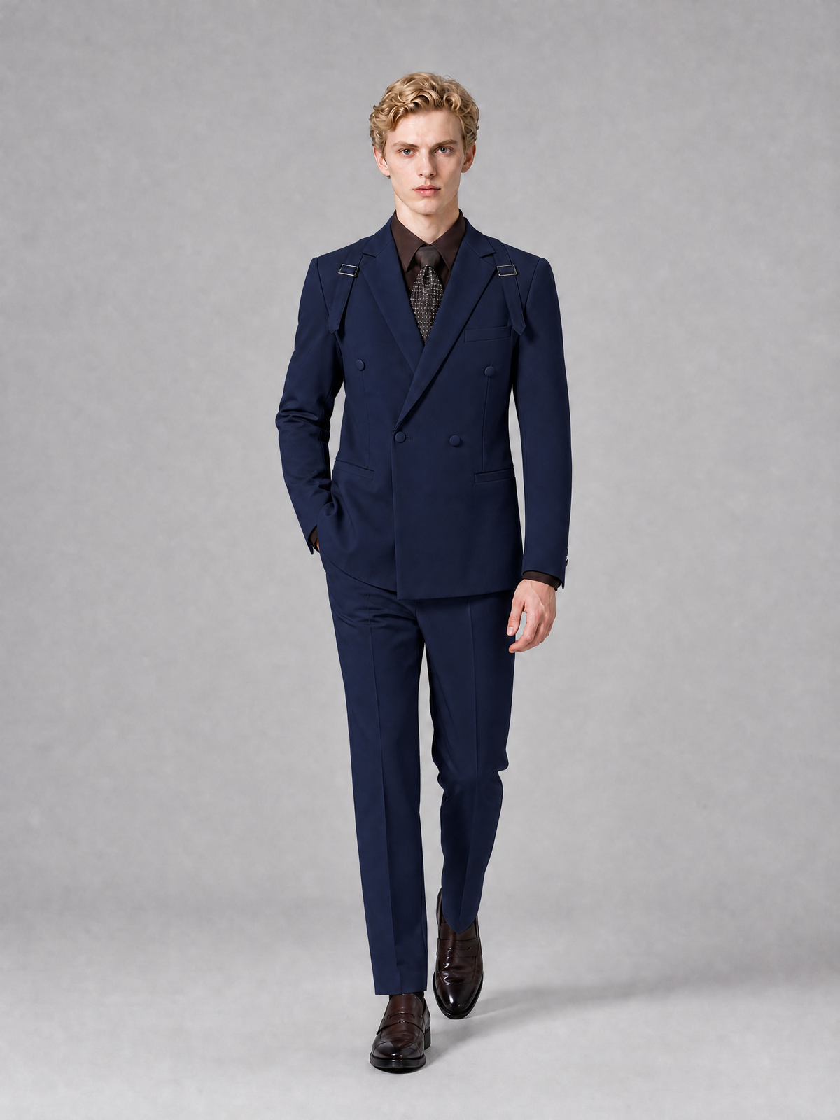 Men's Light Navy Blue Double-Breasted Slim Fit 2-Piece Suit – Peak Lapel Wedding & Business Formal Set - Navy Blue - Navy_Blue_4