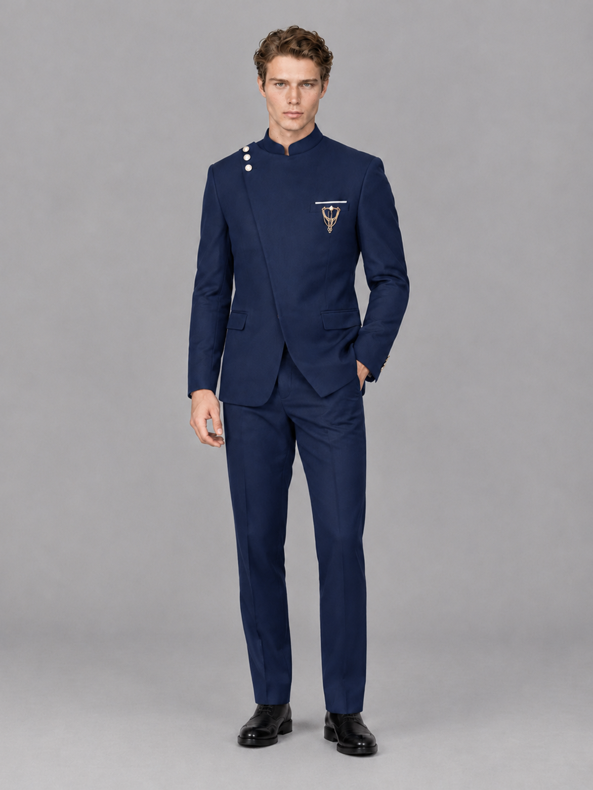 Savile Men's Navy Blue Mandarin Collar Asymmetrical 2-Piece Suit Set – Modern Jacket & Trousers - Navy Blue - Navy Blue_4