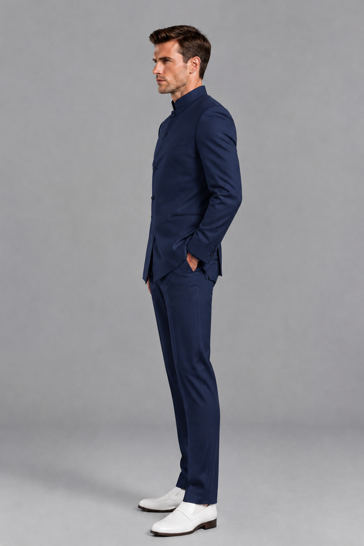Savile Men's Navy Blue Asymmetrical Mandarin Collar Tuxedo Suit – Modern 2-Piece Gold Button Wedding, Prom & Gala Set - Navy Blue - Navy Blue_4