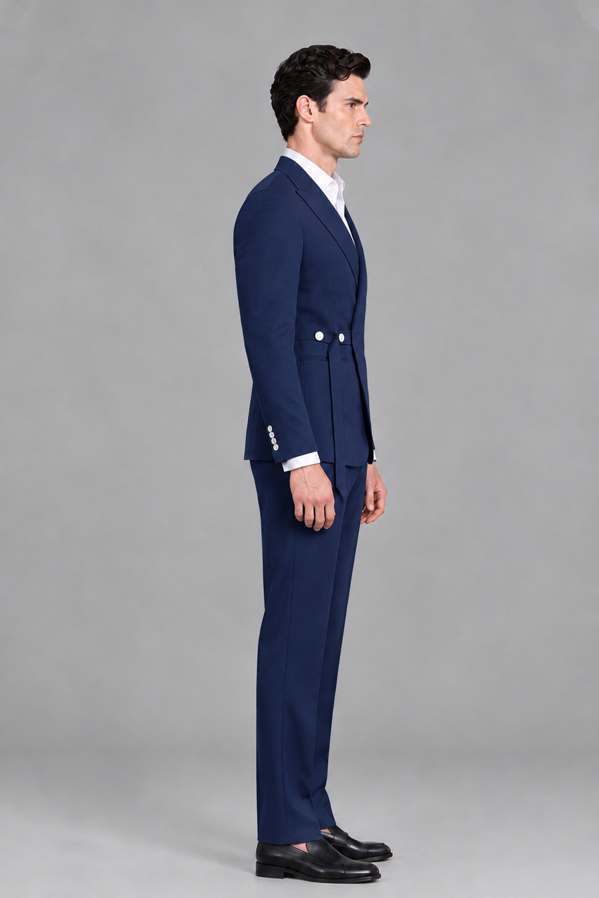 Savile Men's Modern Navy Blue 2-Piece Wrap Suit Set – Peak Lapel Side-Button Blazer & Tailored Trousers - Navy Blue - Navy_Blue_4