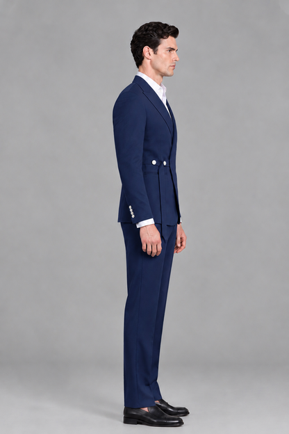 Savile Men's Modern Navy Blue 2-Piece Wrap Suit Set – Peak Lapel Side-Button Blazer & Tailored Trousers - Navy Blue - Navy_Blue_4
