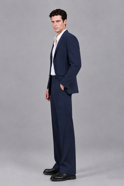 Savile Men's Navy Blue Pleated 2-Piece Suit Set | Notch Lapel Blazer & Tailored Trousers - Navy Blue - Navy Blue_4