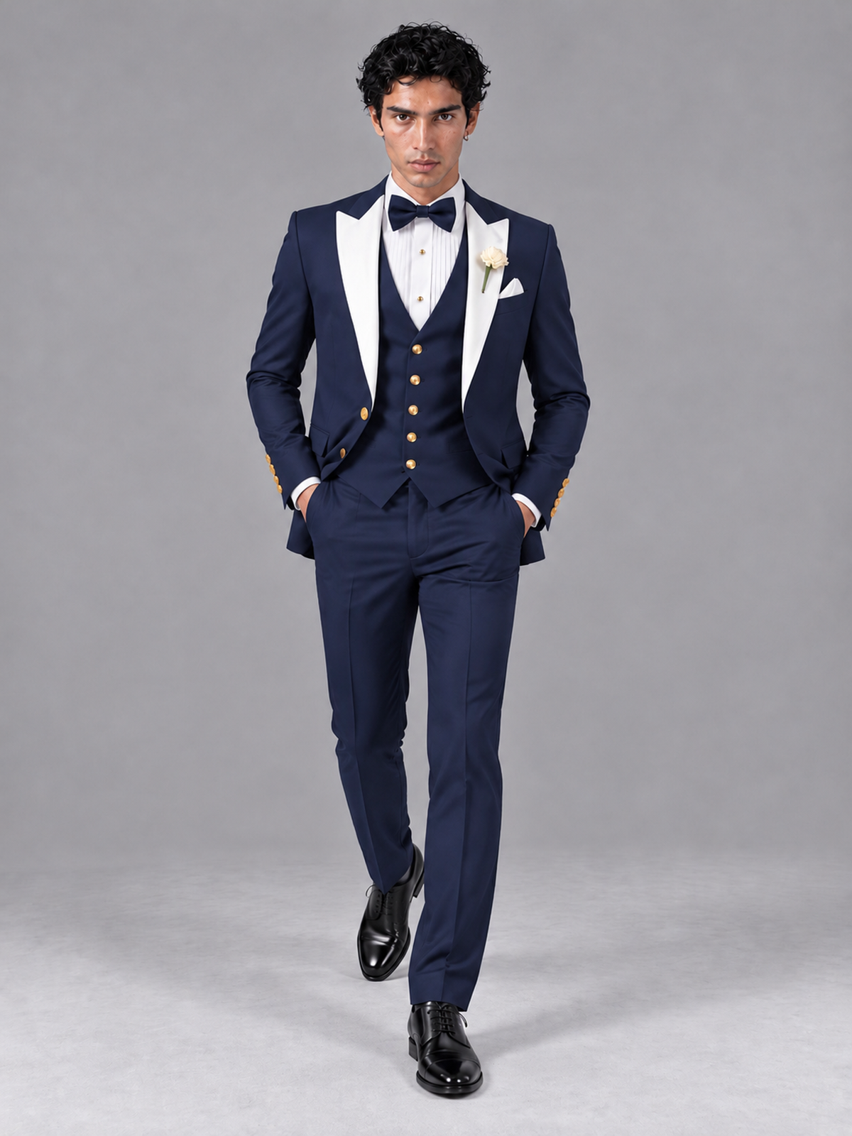 Savile Men's Navy Blue Contrast White Peak Lapel 3-Piece Tuxedo Suit - Navy_Blue