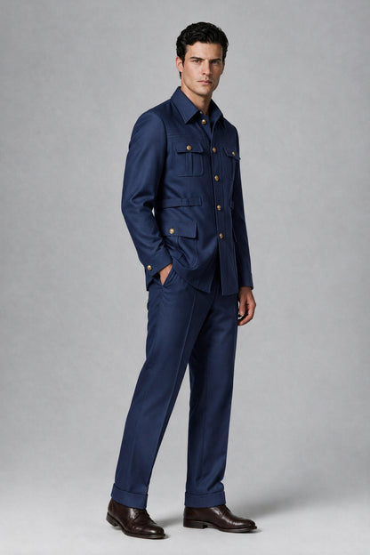 Savile Navy Blue Safari Jacket & Trousers Two-Piece Men's Suit - Navy Blue