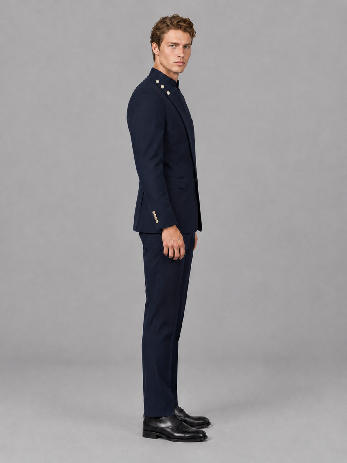 Savile Men's Navy Blue Mandarin Collar Asymmetrical 2-Piece Suit Set – Modern Jacket & Trousers - Navy Blue - Navy Blue_5