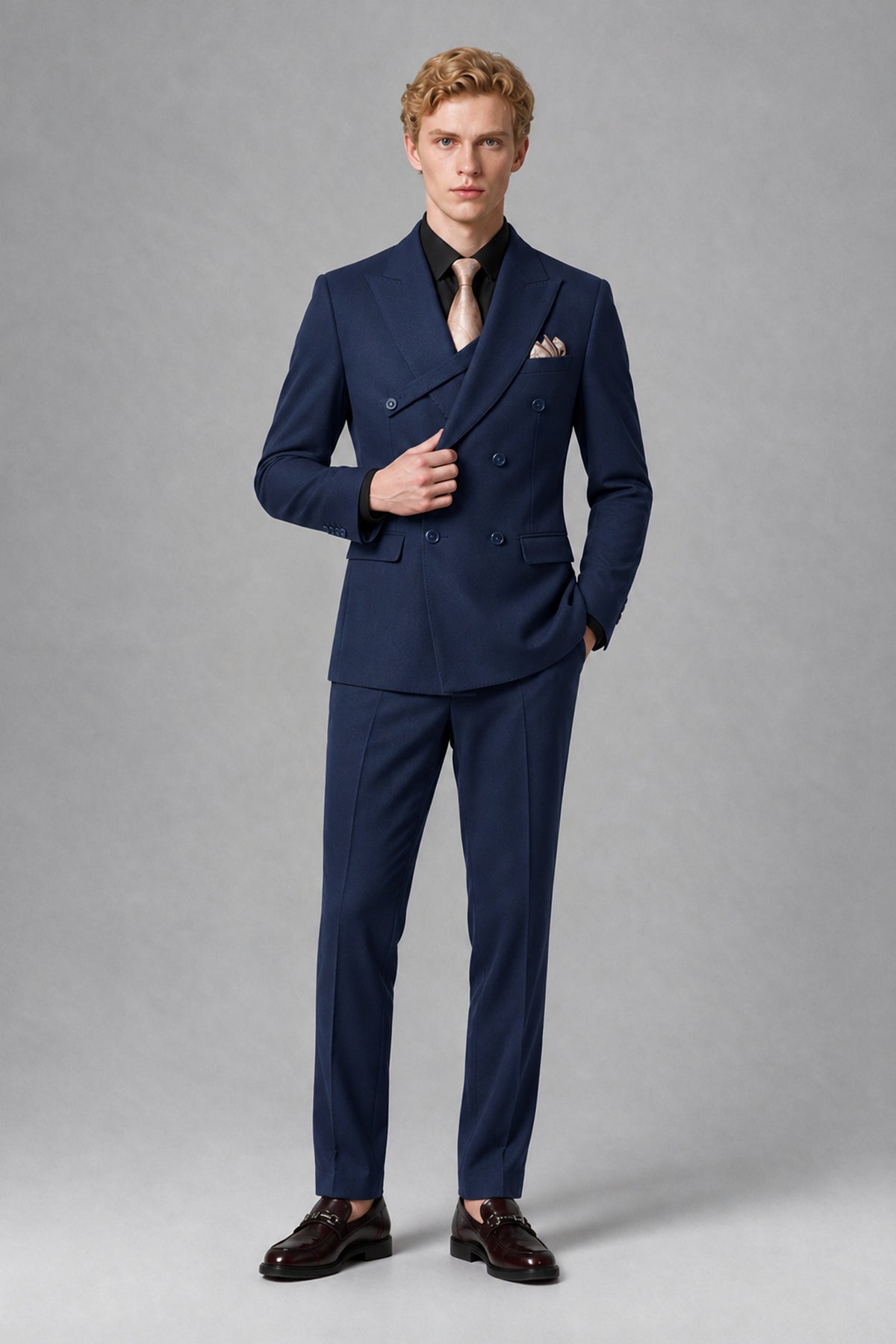 Savile Men's Navy Blue Double-Breasted Two-Piece Suit - Navy Blue