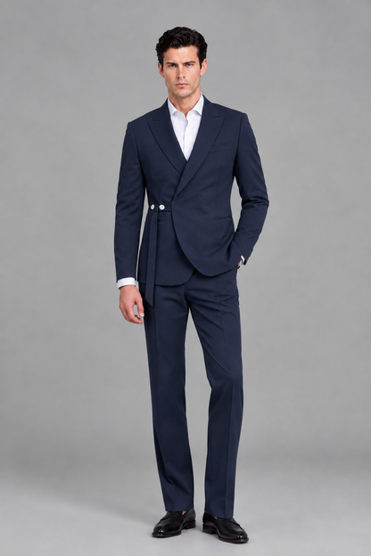 Savile Men's Modern Navy Blue 2-Piece Wrap Suit Set – Peak Lapel Side-Button Blazer & Tailored Trousers - Navy Blue - Navy_Blue_5