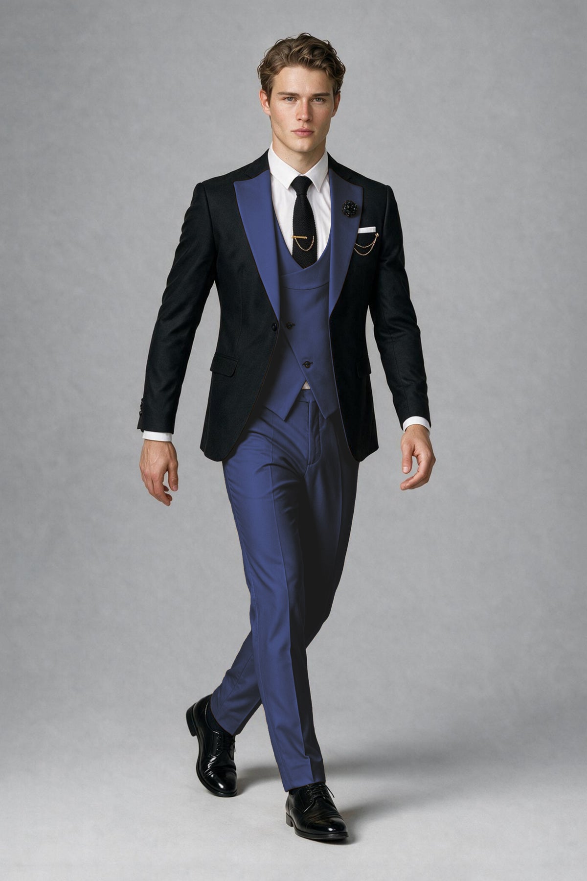 Savile Men's Black & Navy Blue Three-Piece Wedding Suit - Navy Blue