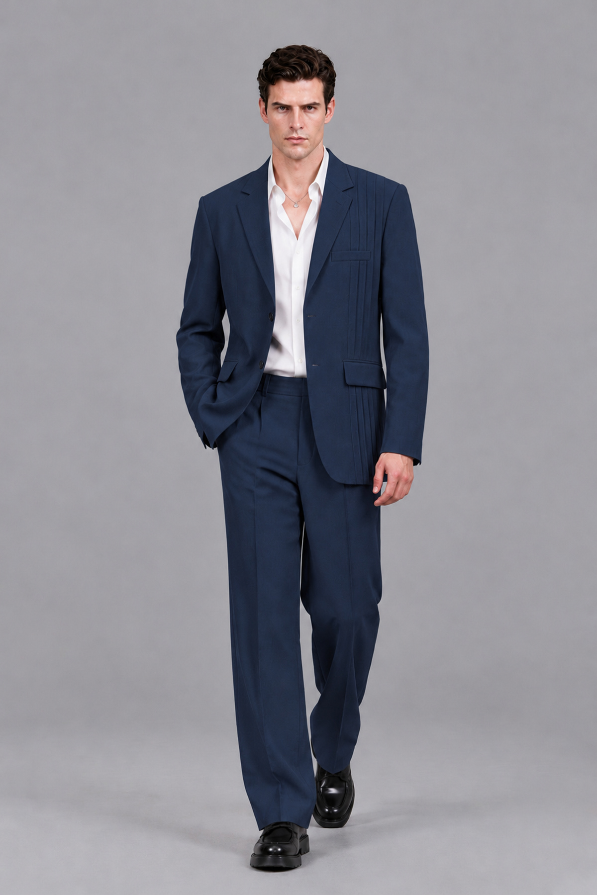 Savile Men's Navy Blue Pleated 2-Piece Suit Set | Notch Lapel Blazer & Tailored Trousers - Navy Blue - Navy Blue_5