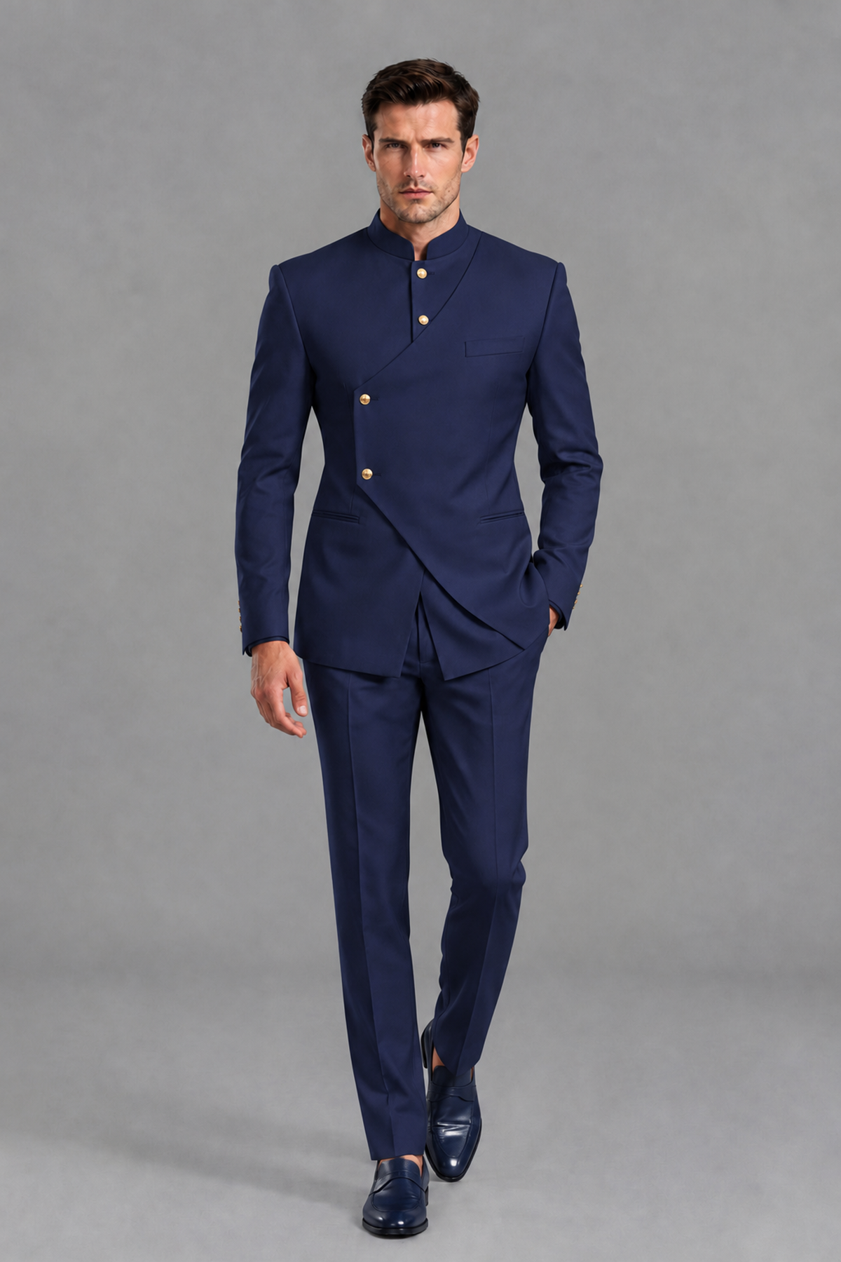 Savile Men's Navy Blue Asymmetrical Mandarin Collar Tuxedo Suit – Modern 2-Piece Gold Button Wedding, Prom & Gala Set - Navy Blue - Navy Blue_5