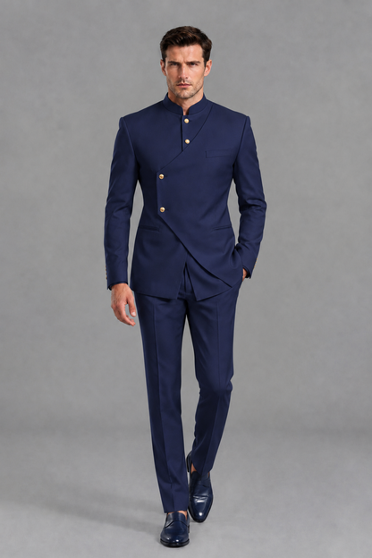Savile Men's Navy Blue Asymmetrical Mandarin Collar Tuxedo Suit – Modern 2-Piece Gold Button Wedding, Prom & Gala Set - Navy Blue - Navy Blue_5