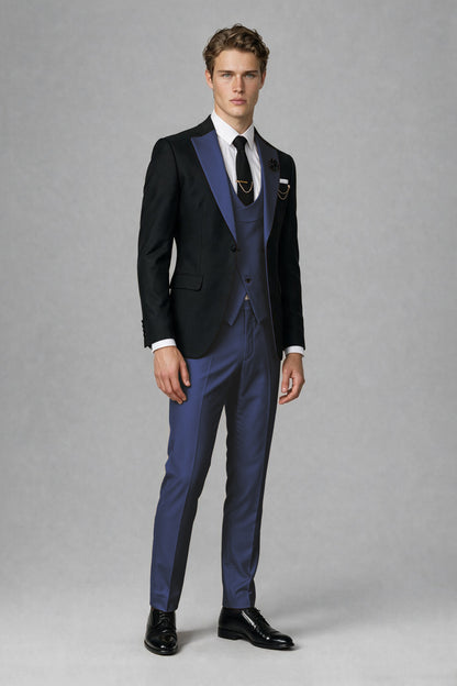 Savile Men's Black & Navy Blue Three-Piece Wedding Suit - Navy Blue