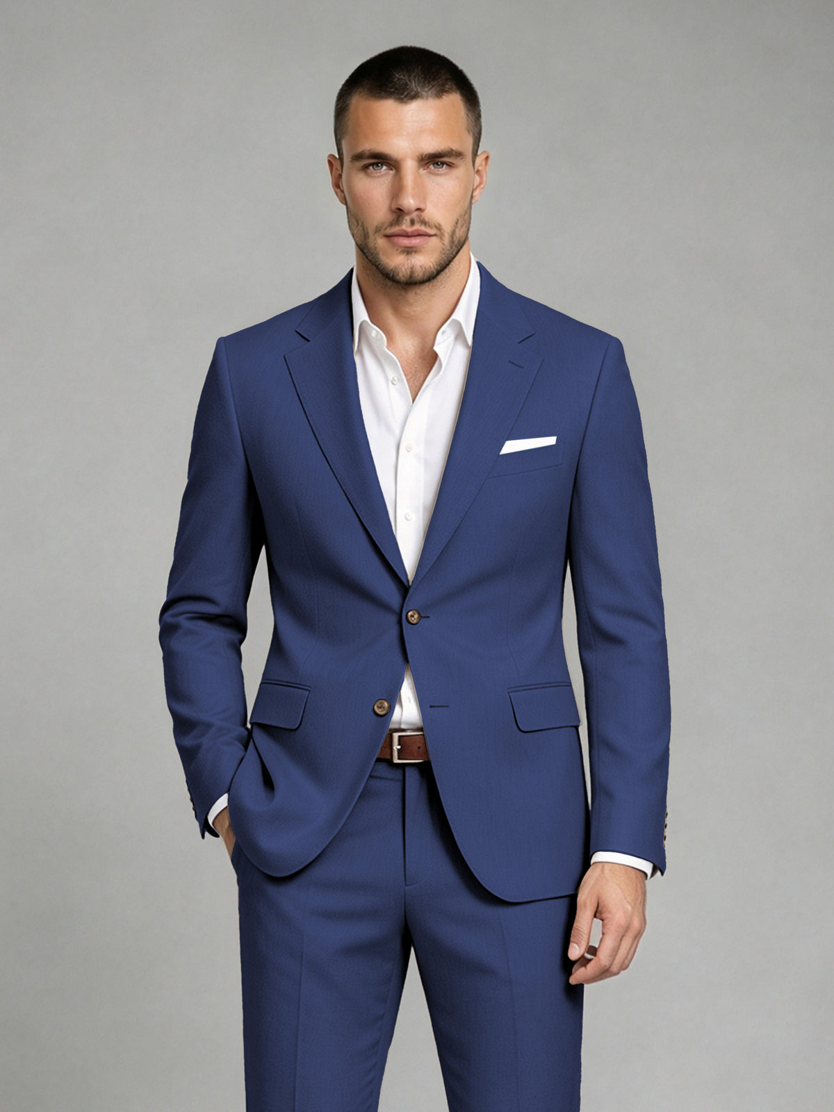 Savile Men's Dark Navy Blue Wool-Blend 2-Piece Suit Set – Two-Button Notch Lapel Slim-Fit Blazer & Turn-Up Trousers - Navy Blue