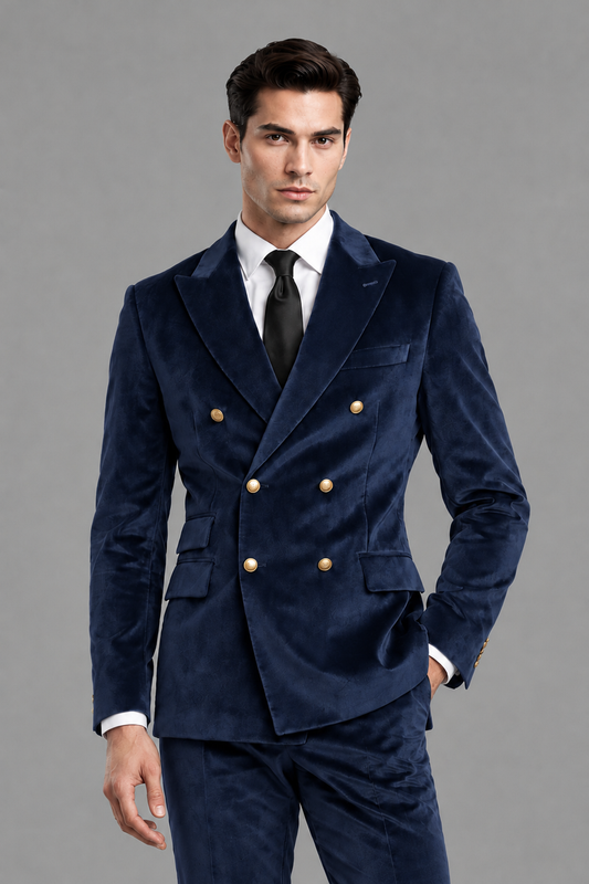 Savile Men's Navy Blue Velvet Double-Breasted 2-Piece Suit Set | Peak Lapel Blazer & Trousers - Navy Blue