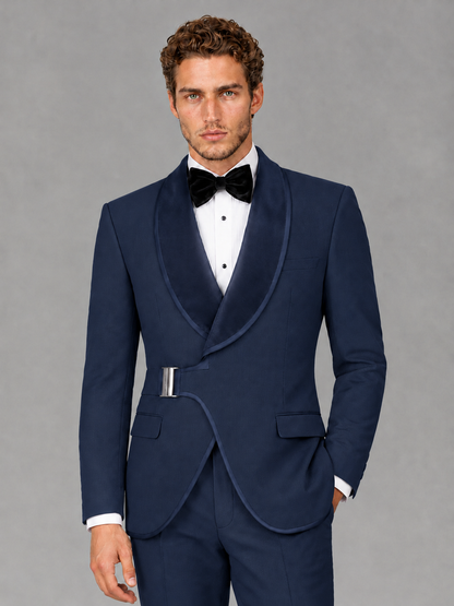 Savile Men's Navy Blue Velvet Shawl Lapel Tuxedo Suit – Modern Side-Buckle Dinner Jacket & Trousers 2-Piece Set - Navy Blue