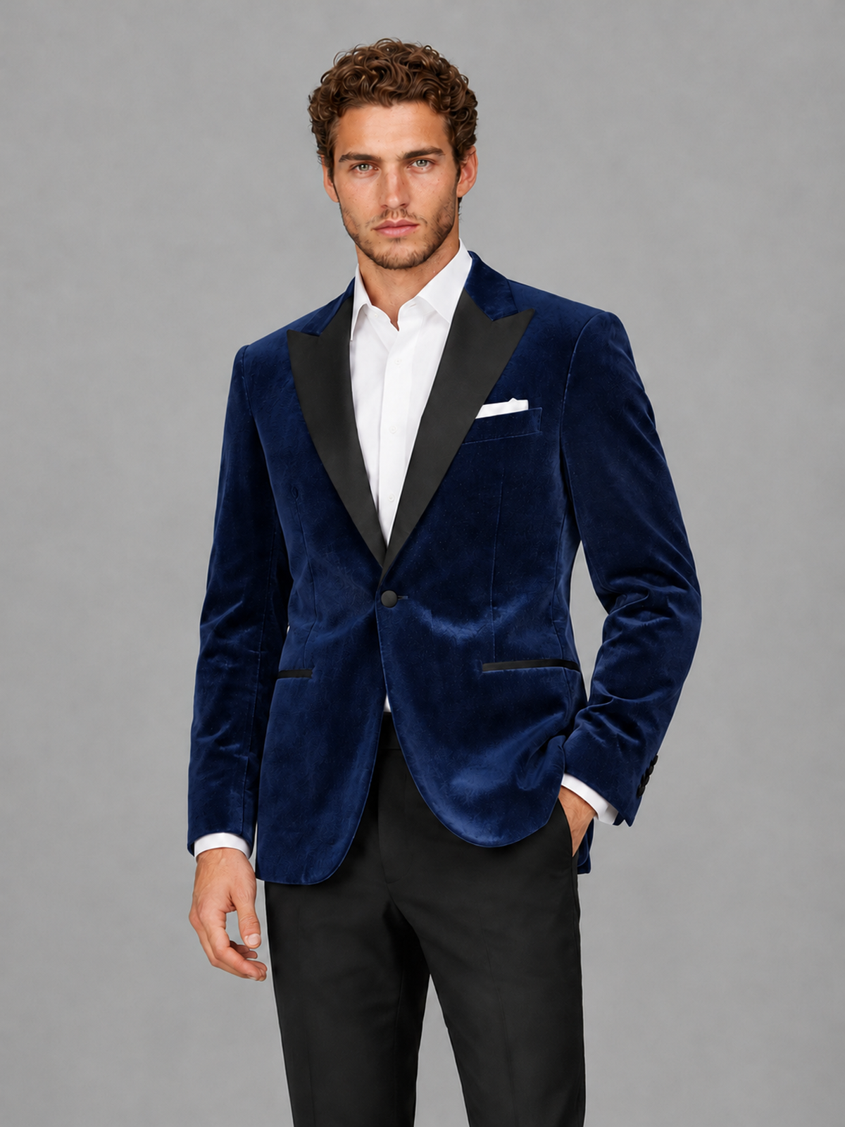 Savile Men's Navy Blue Velvet Peak Lapel 2-Piece Tuxedo Suit Set | Jacket & Trousers - Navy Blue