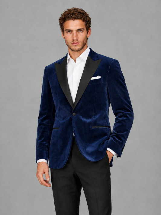 Savile Men's Navy Blue Velvet Peak Lapel 2-Piece Tuxedo Suit Set | Jacket & Trousers - Navy Blue