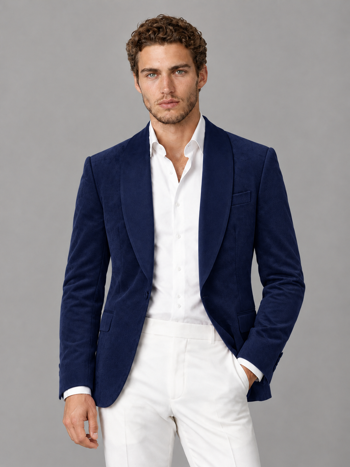 Savile Men's Navy Blue Velvet Shawl Lapel 2-Piece Tuxedo Suit Set | Jacket & White Trousers - Navy Blue - Navy Blue (1)