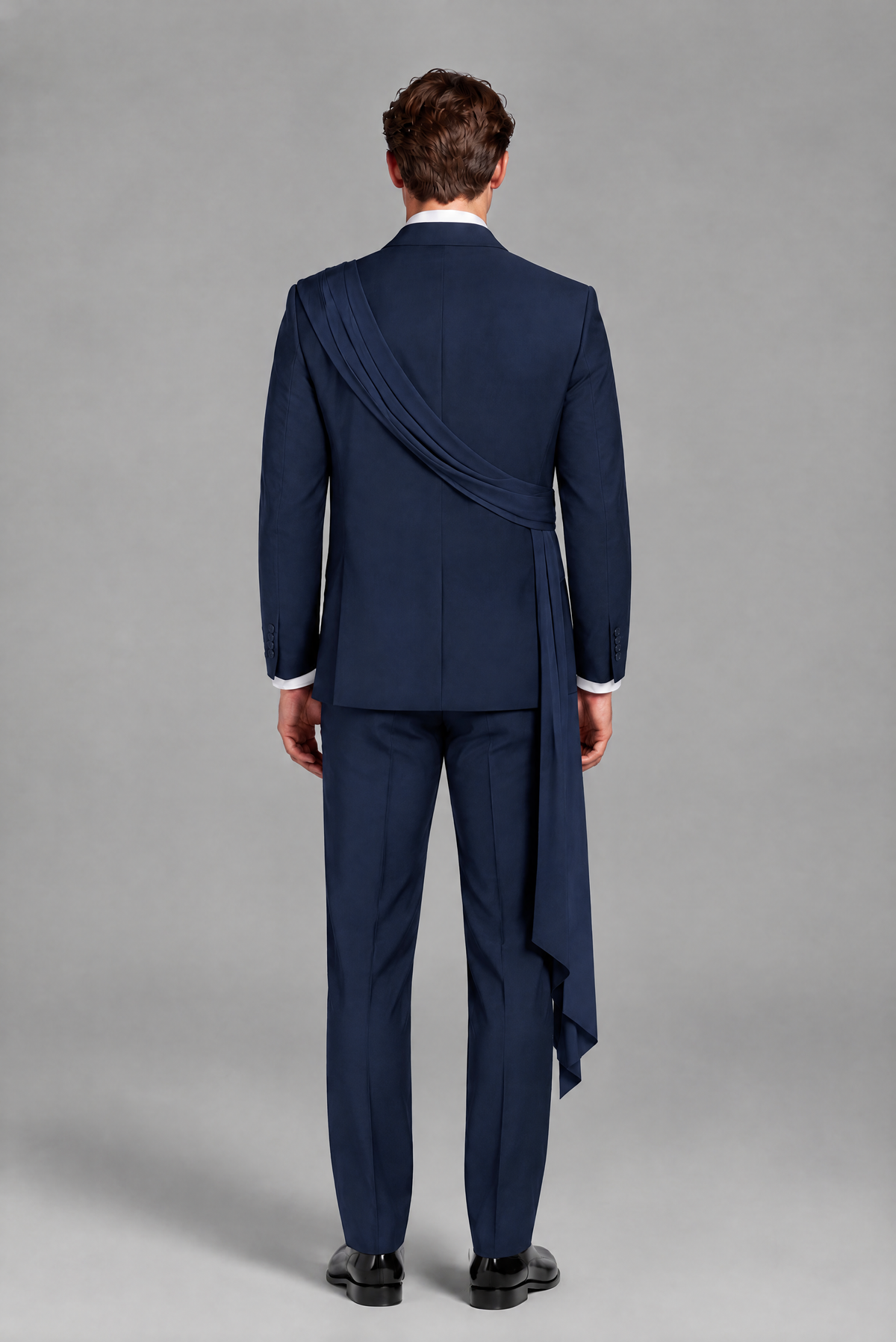 Men's Navy Blue Draped Sash Suit – Peak Lapel 2-Piece Slim Fit Party, Gala & Wedding Set - Navy Blue