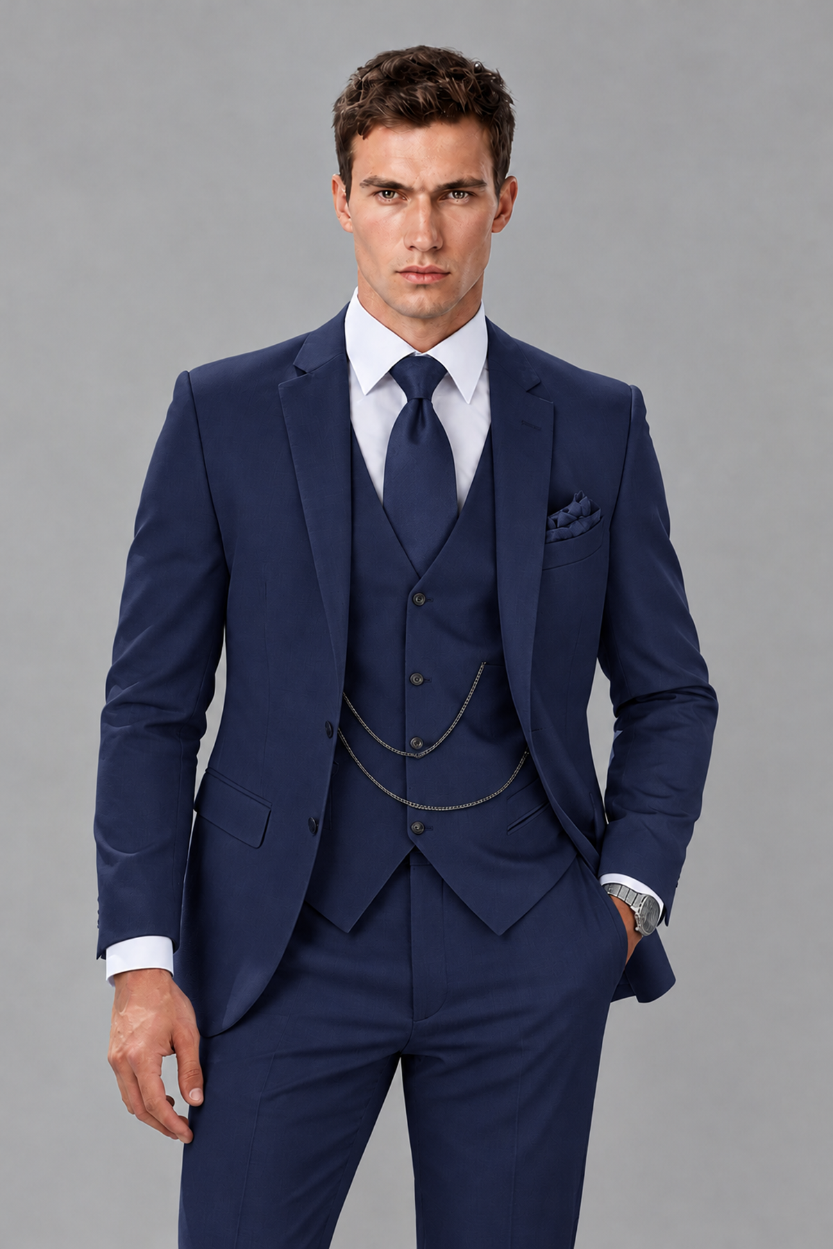 Savile Navy Blue 3-Piece Suit with Notch Lapel & Chain Vest - Navy Blue