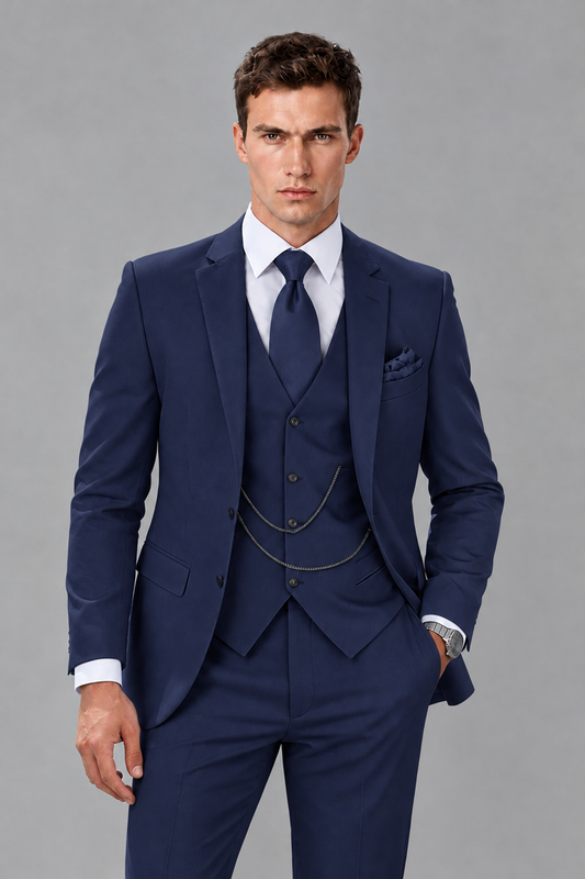 Savile Navy Blue 3-Piece Suit with Notch Lapel & Chain Vest - Navy Blue