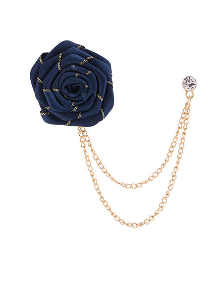 Savile Men's Navy Blue Fabric Rose Lapel Pin with Gold Hanging Chains | Formal Crystal Boutonniere Tuxedo Brooch - Navy Blue