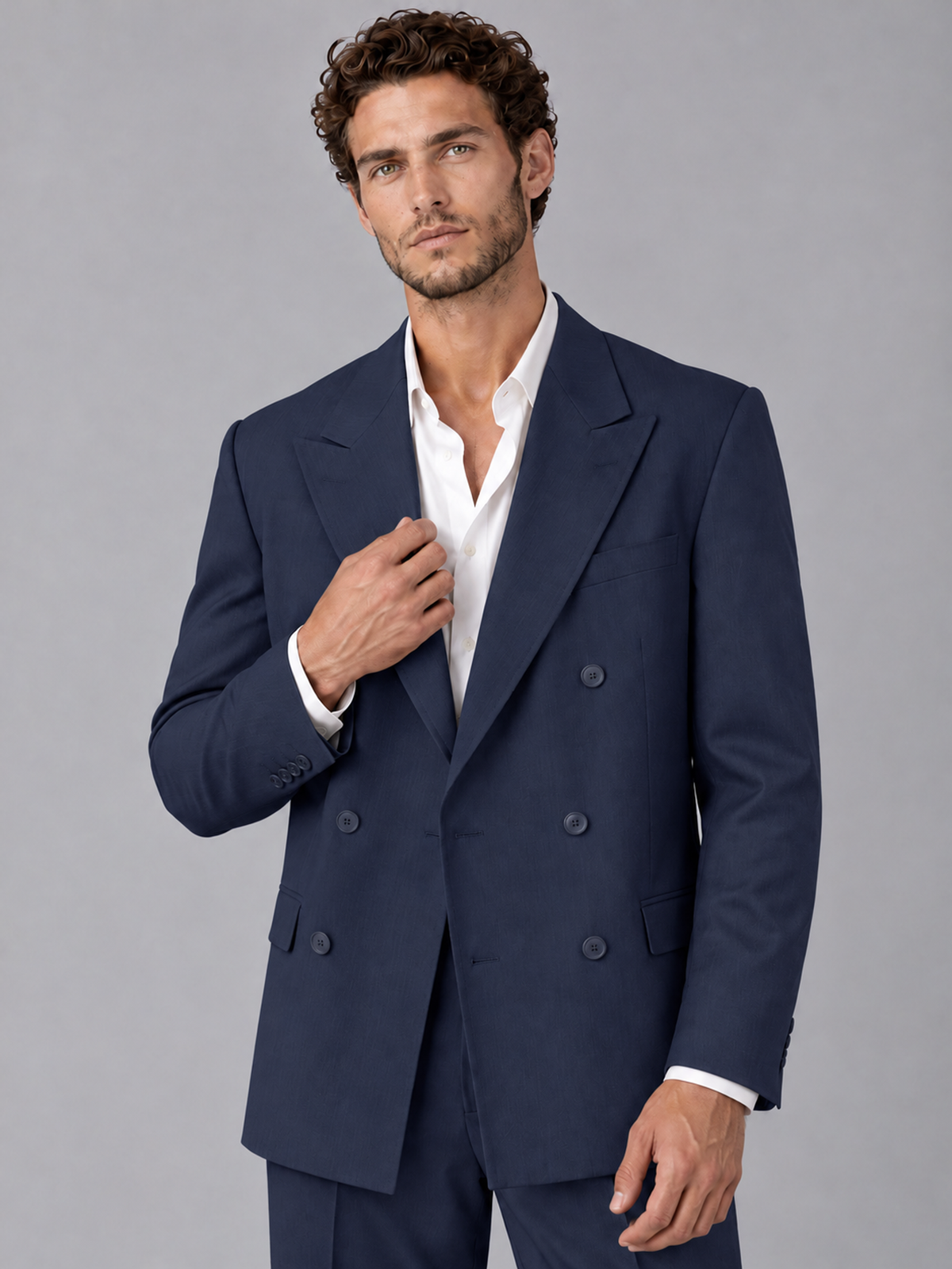 Savile Navy Blue Beige Double-Breasted 2-Piece Suit with Peak Lapel - Navy Blue