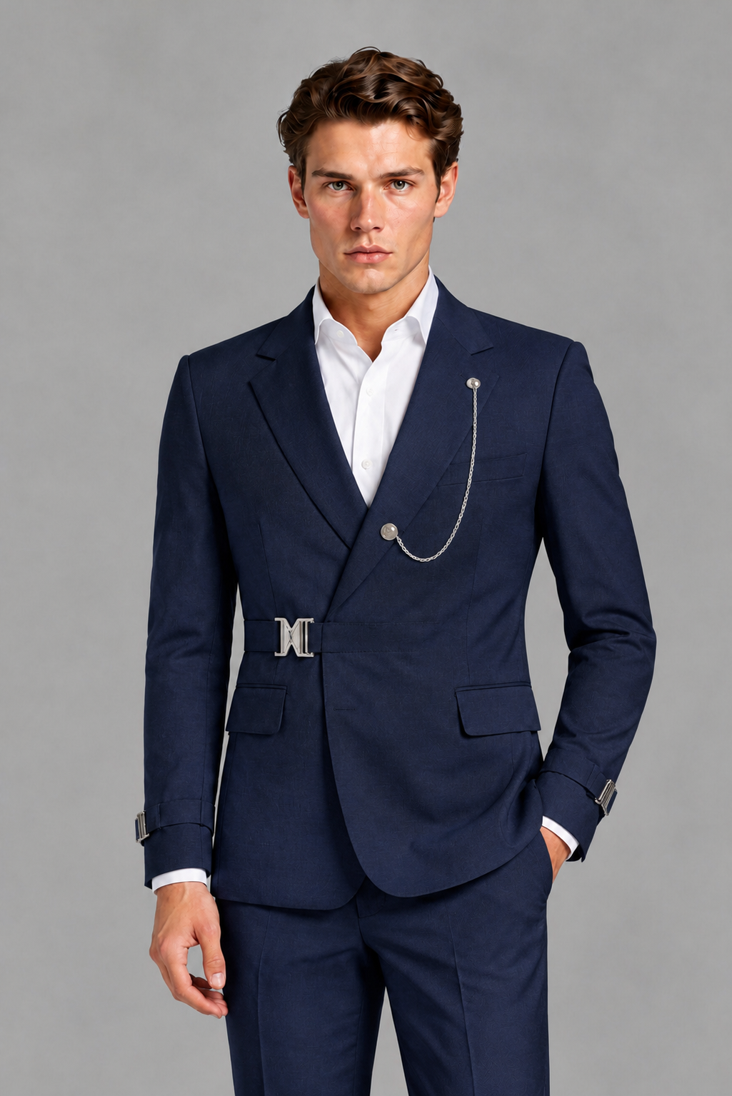 Savile Men's Navy Blue Buckle-Closure 2-Piece Suit Set | Peak Lapel Blazer & Trousers - Navy Blue