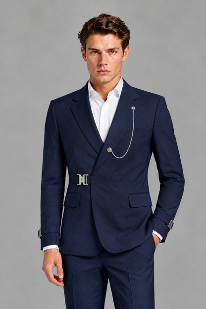 Savile Men's Navy Blue Buckle-Closure 2-Piece Suit Set | Peak Lapel Blazer & Trousers - Navy Blue