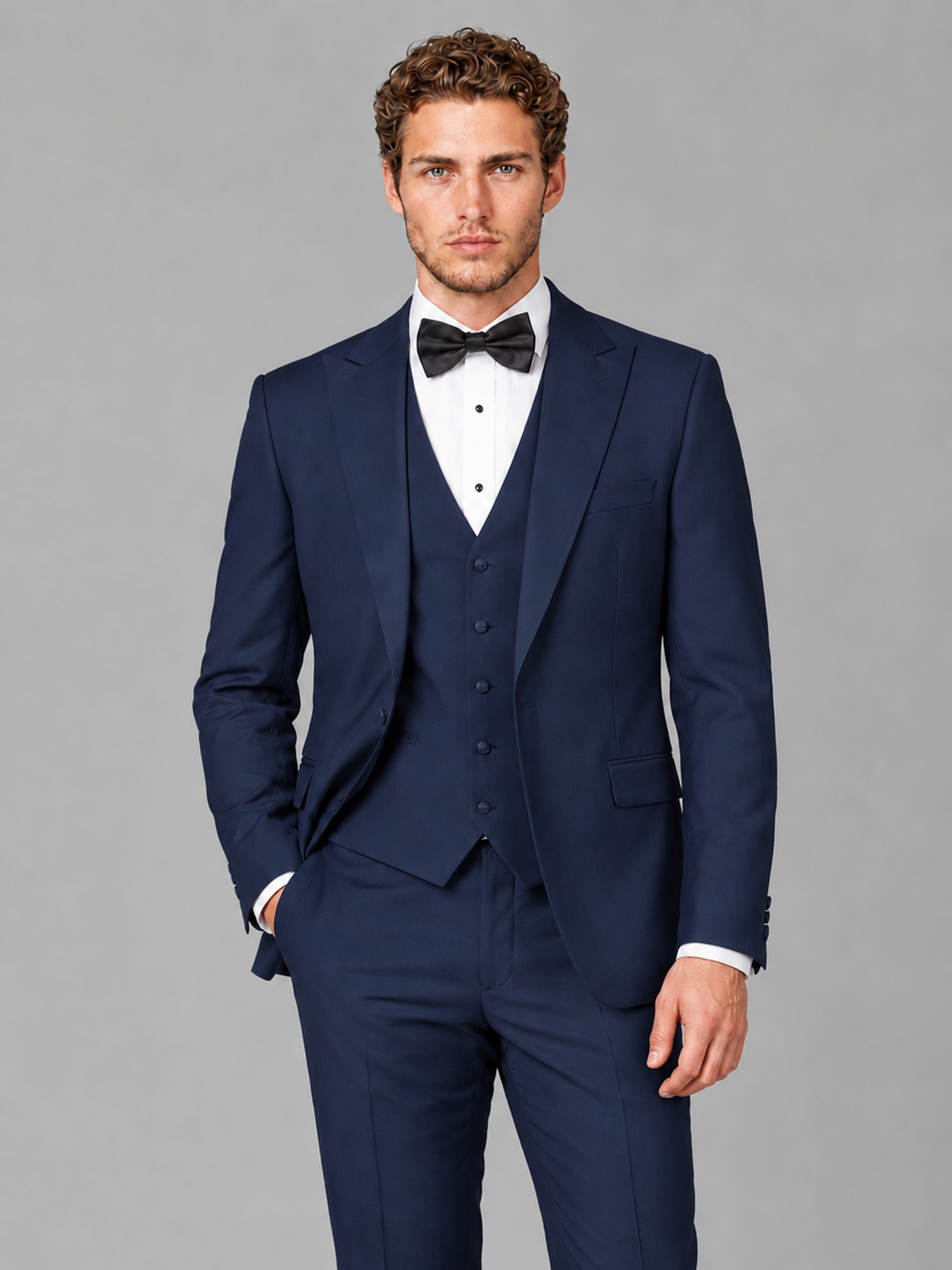 Savile Men's Navy Blue Peak Lapel 3-Piece Tuxedo Suit | Jacket, Vest & Trousers - Navy Blue